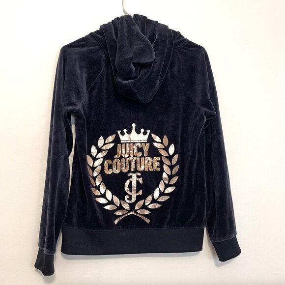 JUICY COUTURE Embellished Velour Hoodie Jacket Navy Blue w/ Back Sequin Logo Y2K - Picture 9 of 14